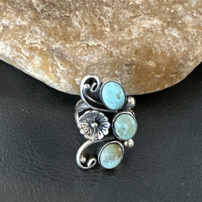Yazzie Ring Green Turquoise Navajo Sterling Silver Cluster Size 8.5 19213