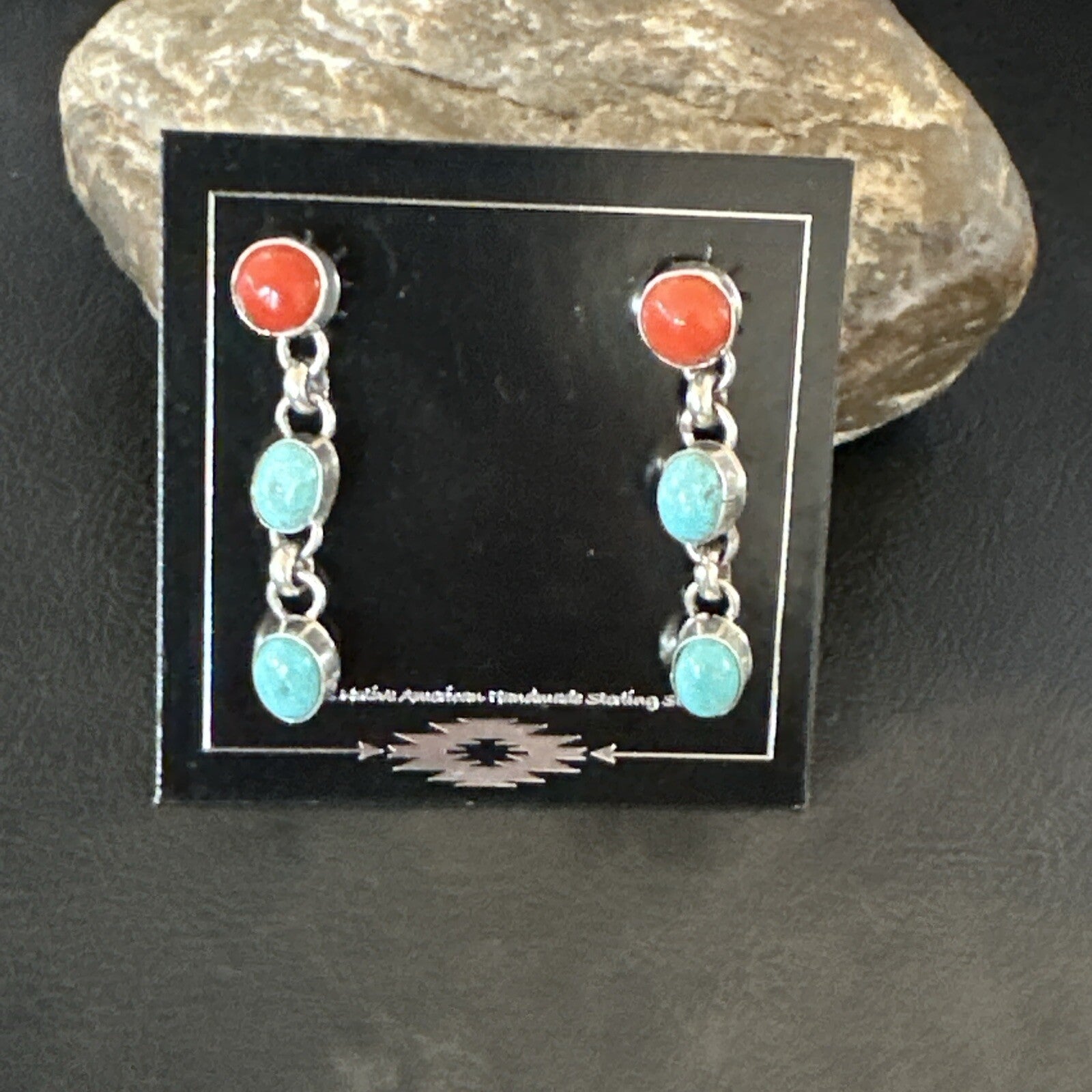 Blue Turquoise Red Spiny MultiColor Navajo Sterling Silver Inlay Earrings 18355