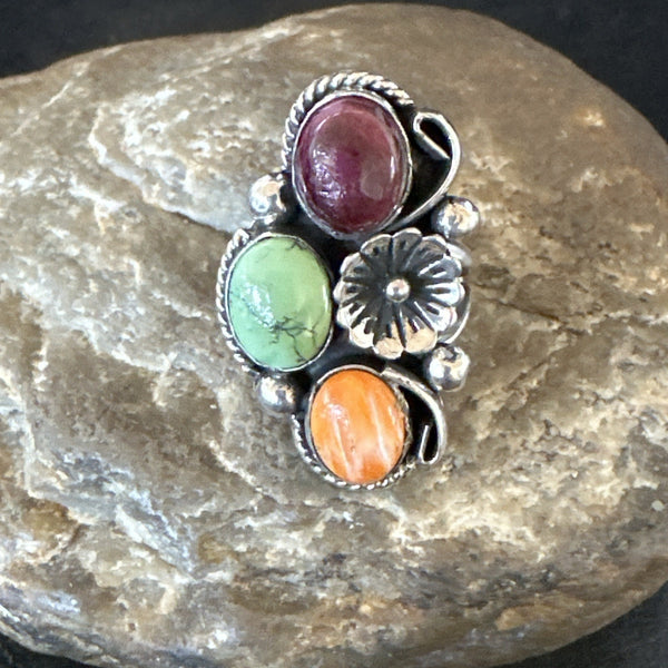 Multicolor Ring Turquoise Spiny Navajo Cluster Size 7 | Sterling Silver | Authentic Native American Handmade | 19179