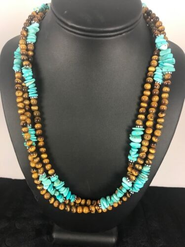 Men's Tigers Eye & Turquoise 3 Strand Necklace Navajo Sterling Silver 8418