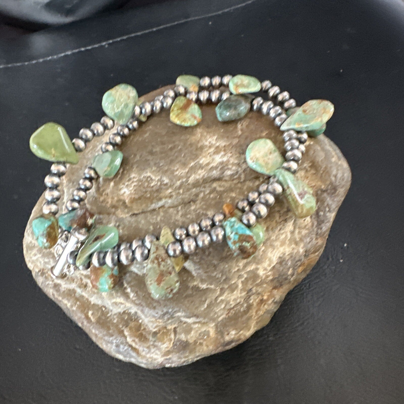 Navajo Sterling Silver Beads Green Turquoise Teardrop Bracelet 2S 7.5" 15259