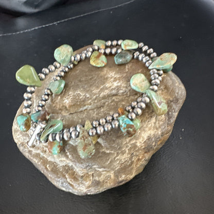 Navajo Sterling Silver Beads Green Turquoise Teardrop Bracelet 2S 7.5" 15259