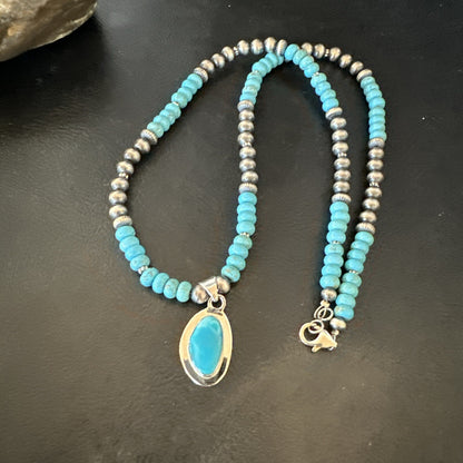 WoMens Blue Kingman Turquoise Pendant Navajo Sterling Silver Necklace 21" 18416