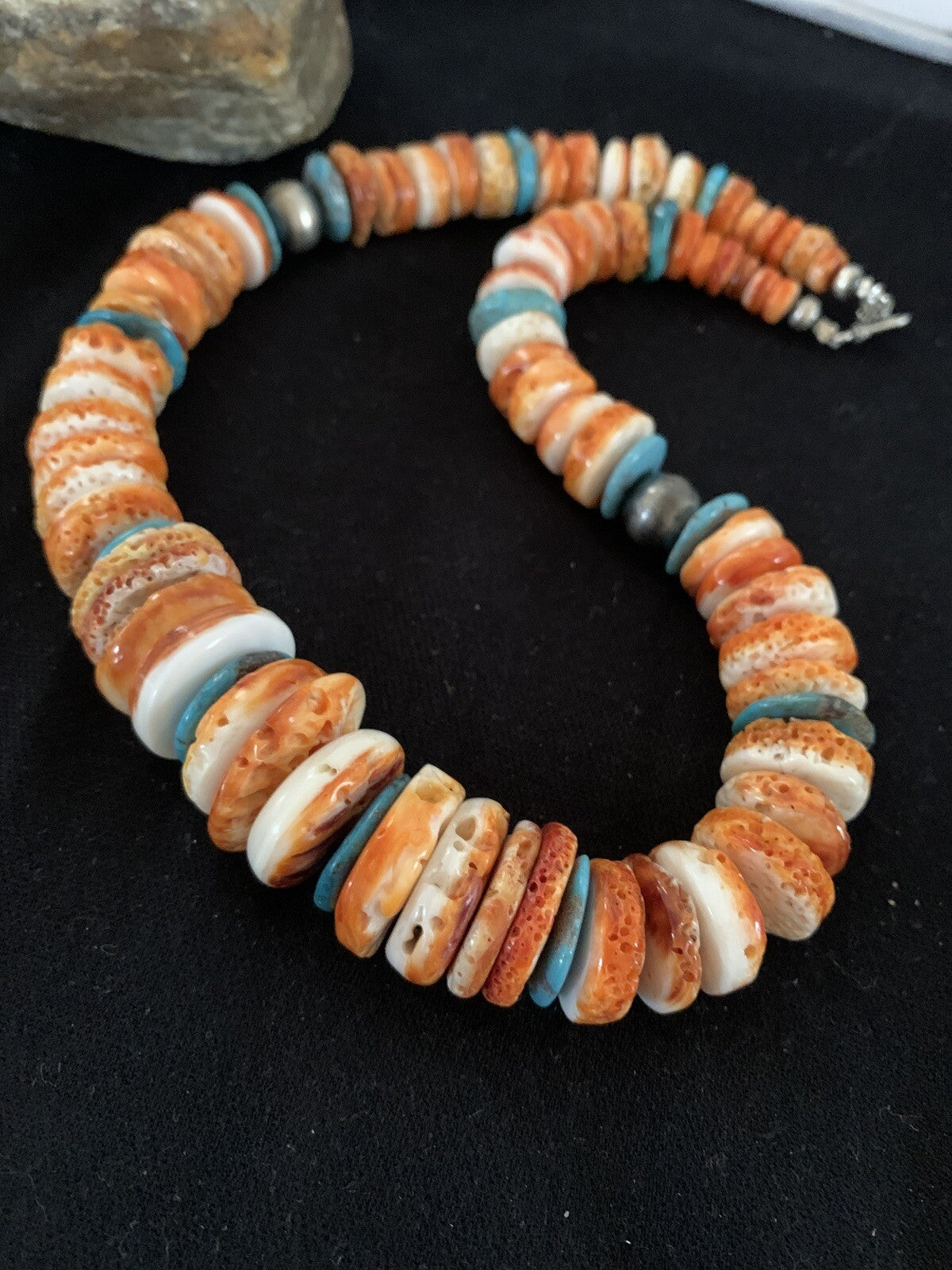 Orange Spiny Oyster Turquoise Navajo Pearls Sterling Necklace 20" 00137
