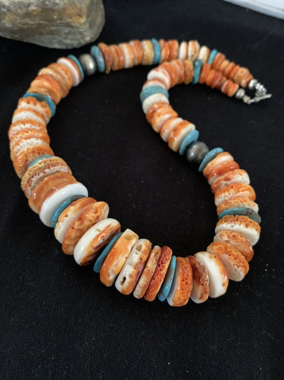 Orange Spiny Oyster Turquoise Navajo Pearls Sterling Necklace 20" 00137