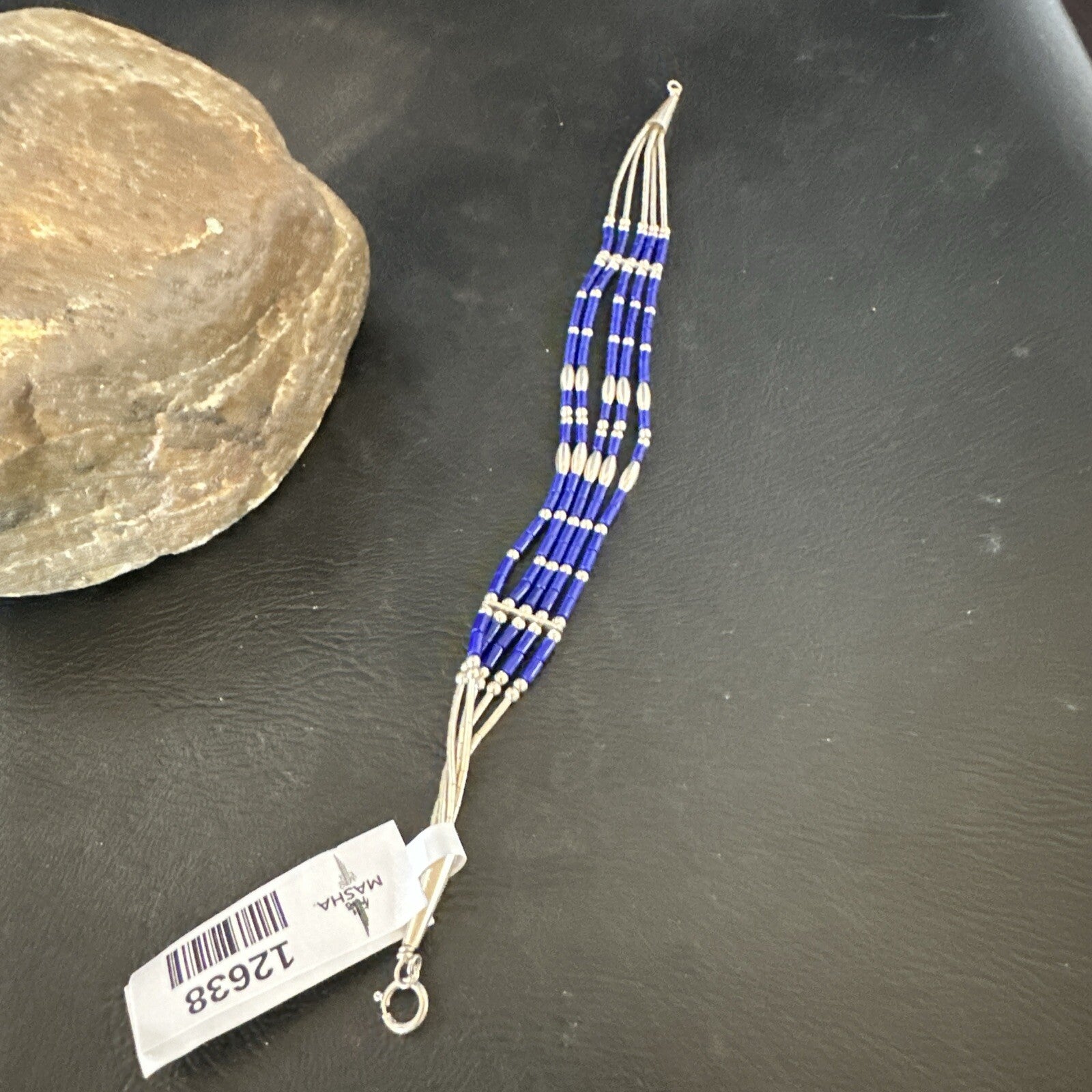 Lapis Stabilized Liquid Heishi 5 Strands Sterling Silver Bracelet 7.25" 12638
