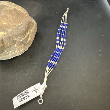 Lapis Stabilized Liquid Heishi 5 Strands Sterling Silver Bracelet 7.25" 12638