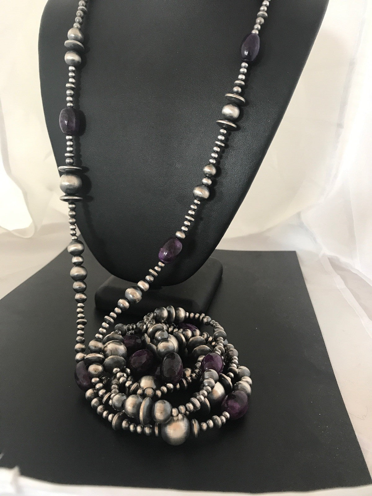 Native Long Navajo Pearls Sterling Silver Purple Stone Bead Necklace 70" 08052