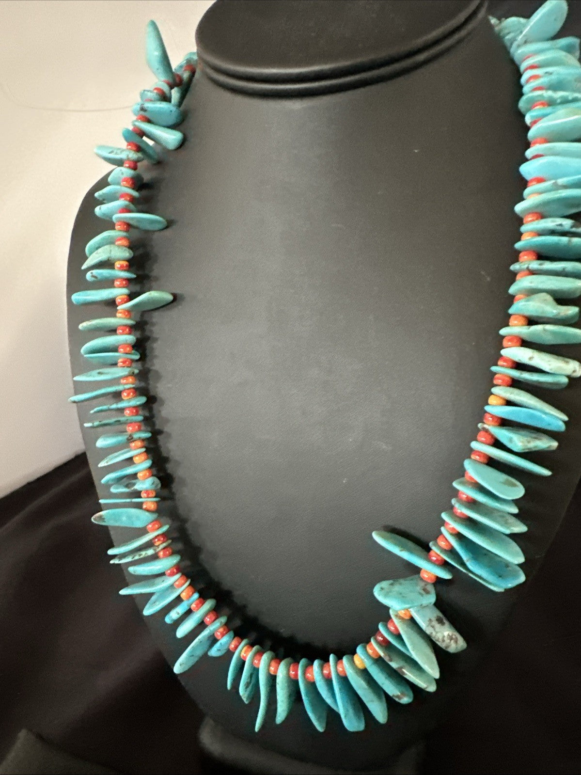 Large Blue Turquoise Red Spiny Navajo Pearls Sterling Silver Necklace 21" 19319