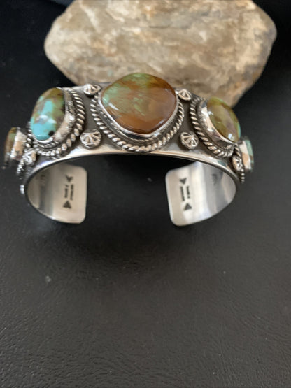 Green Royston Turquoise 5 Stone Navajo Sterling Silver Cuff Bracelet 1380