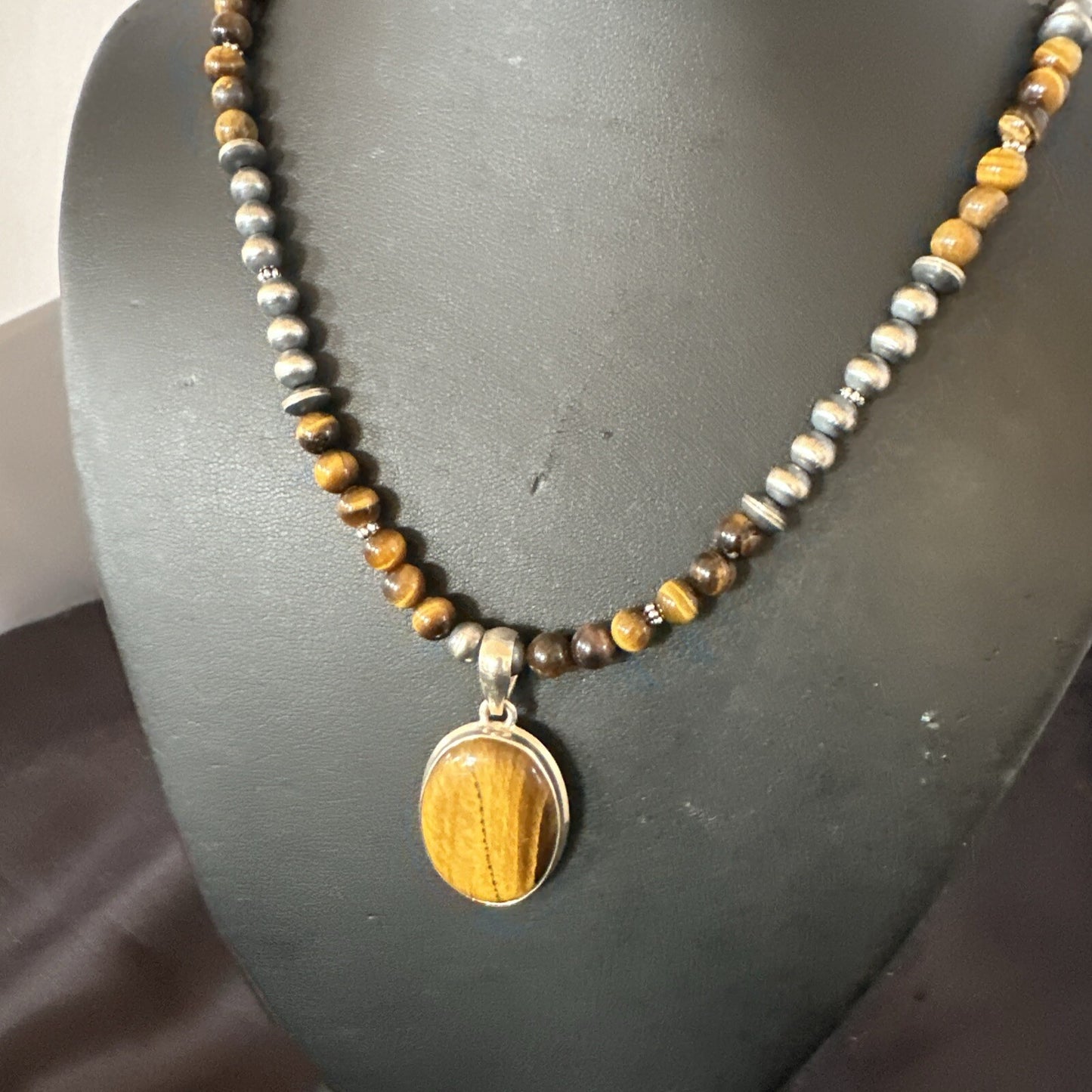 Coffee Brown Tigers Eye Sterling Silver Pendant Necklace Southwestern 18283