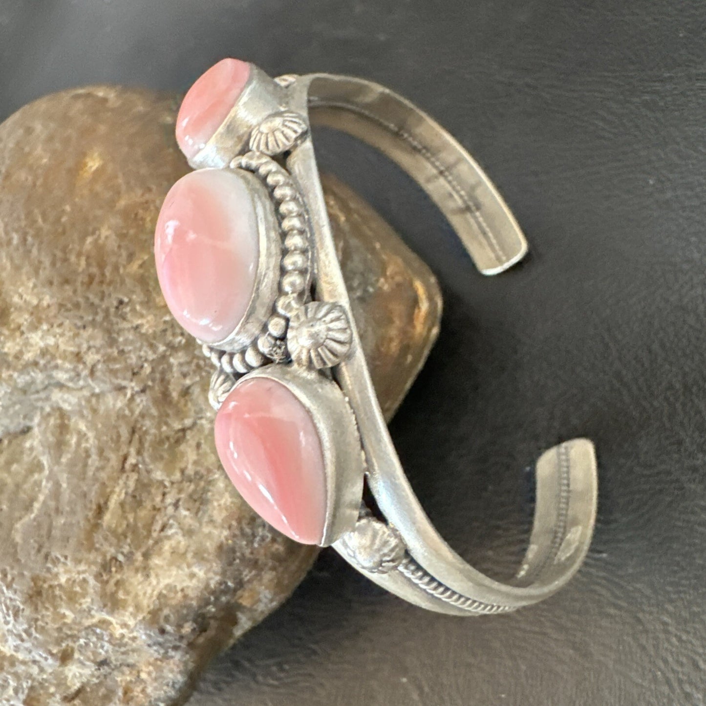 Navajo Pink Conch 3 Stone Sterling Silver Cuff Bracelet 18851