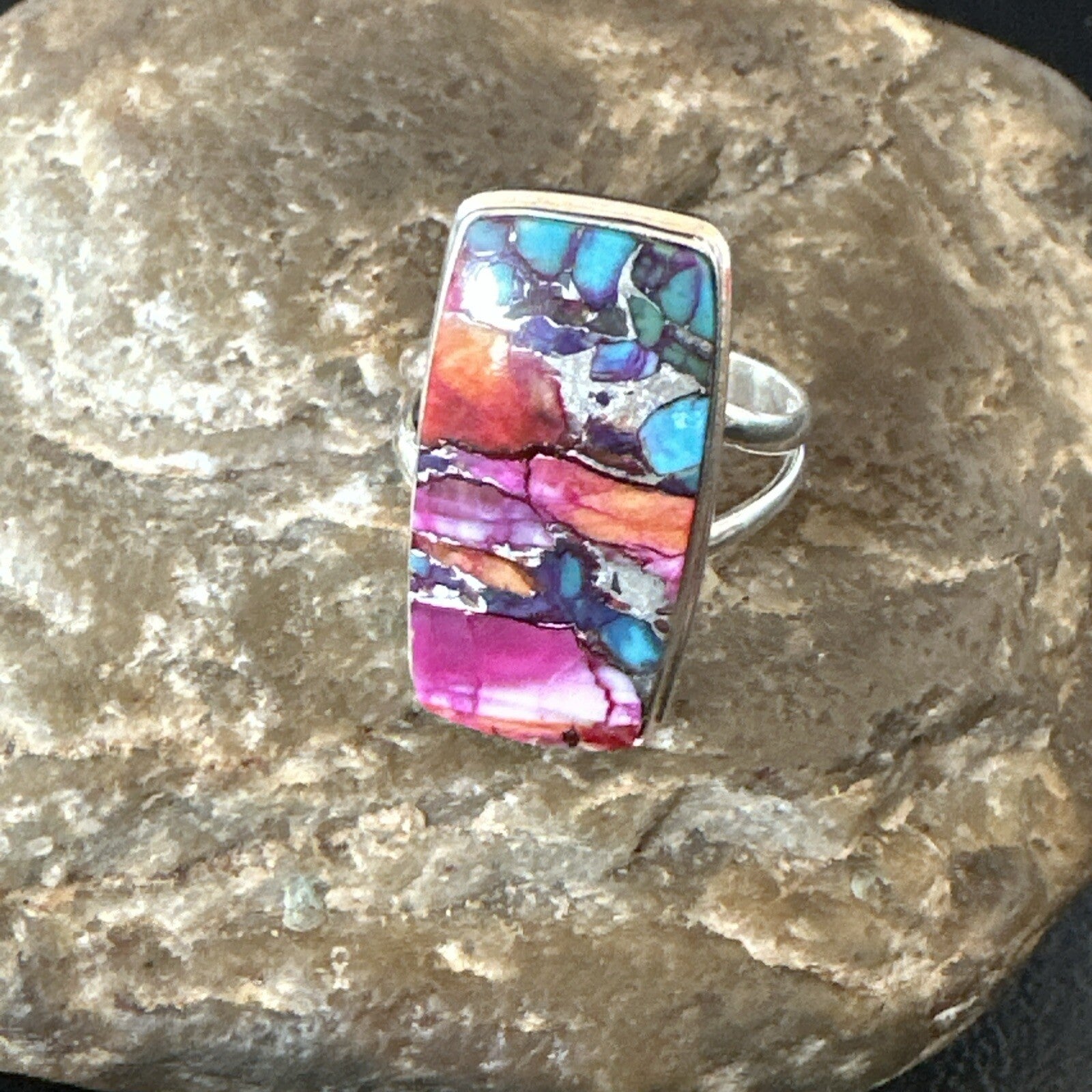 Blue Turquoise Spiny Oyster Southwestern Sterling Silver Ring Size 9 18466