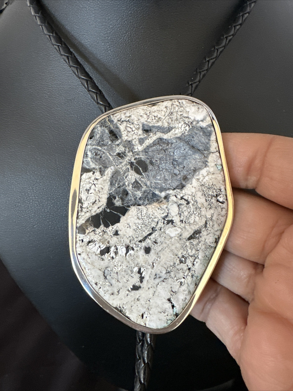 Mens BOLO TIE WHITE BUFFALO TURQUOISE Sterling Silver Navajo 3in 15004