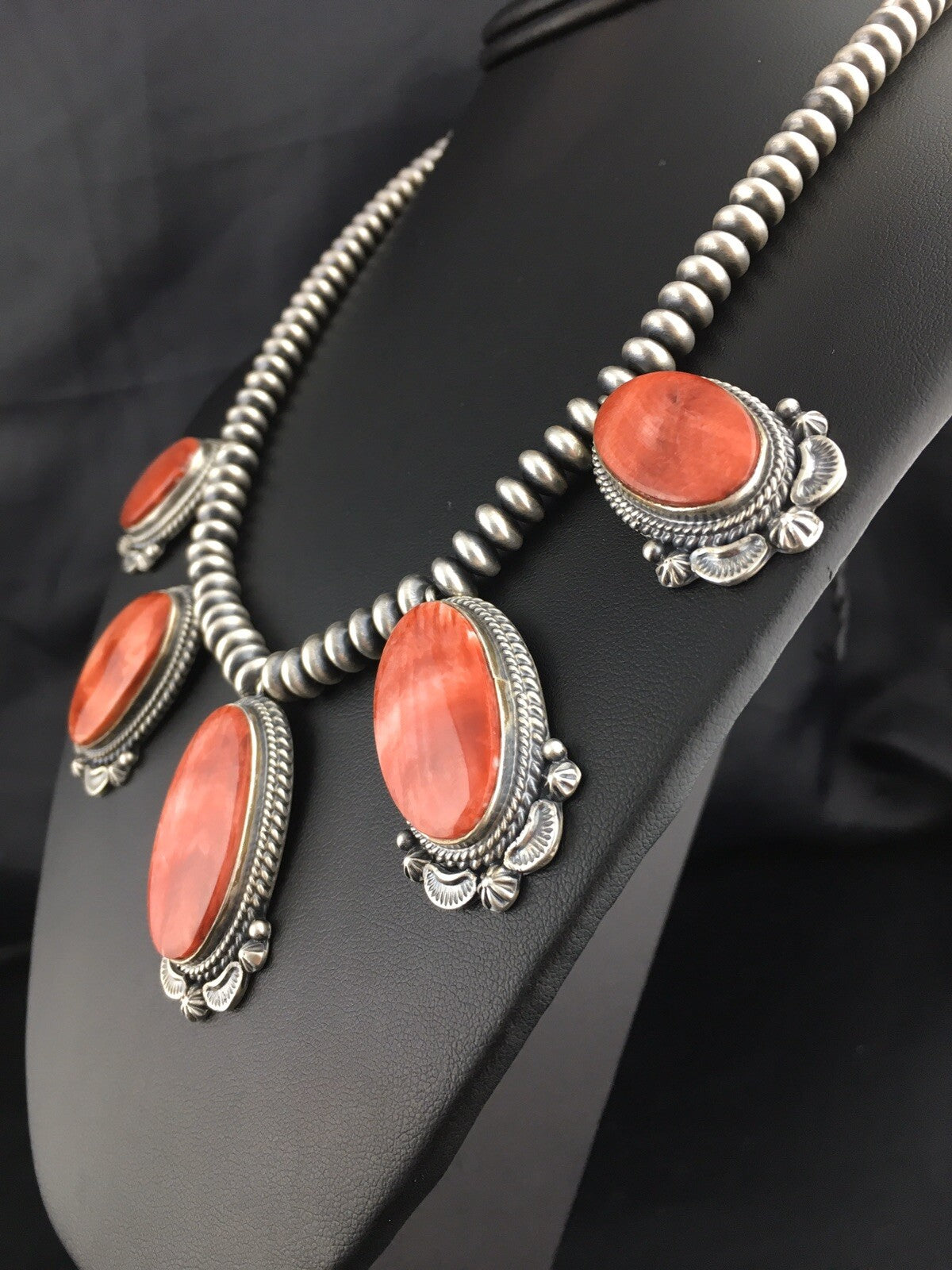 Red Spiny Oyster Pendant Navajo Sterling Silver Squash Necklace 16" 04536