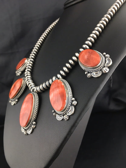 Red Spiny Oyster Pendant Navajo Sterling Silver Squash Necklace 16" 04536