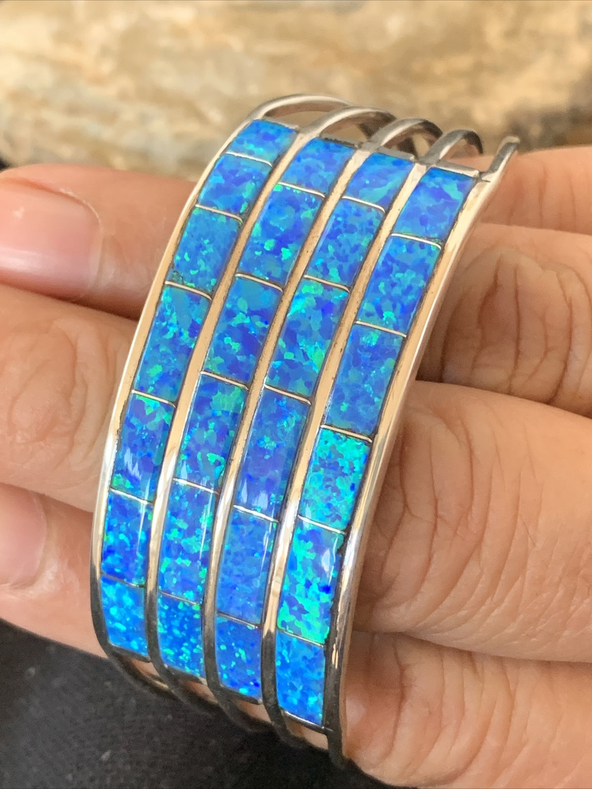 Blue Faux Opal Southwestern Zuni Sterling Silver Cuff Inlay Bracelet 01028
