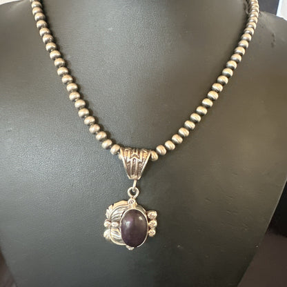 Purple Stone Pendant Navajo Pearls Sterling Silver Necklace 20” 18046