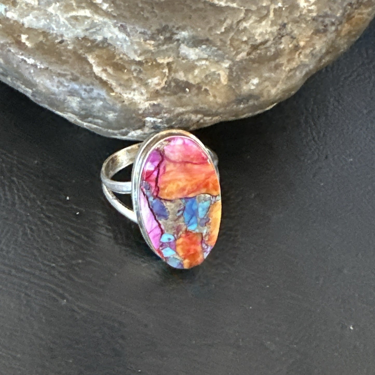 Blue Turquoise Spiny Oyster Southwestern Sterling Silver Ring Size 10 19057