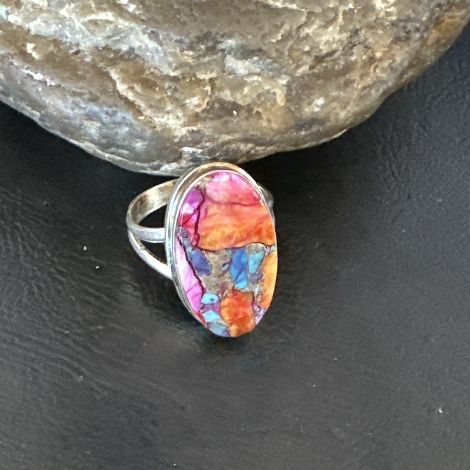 Blue Turquoise Spiny Oyster Southwestern Sterling Silver Ring Size 10 19057
