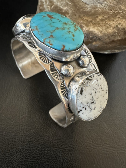 Men White Buffalo Blue Turquoise Navajo Sterling Silver Cuff Bracelet 7.3" 19429
