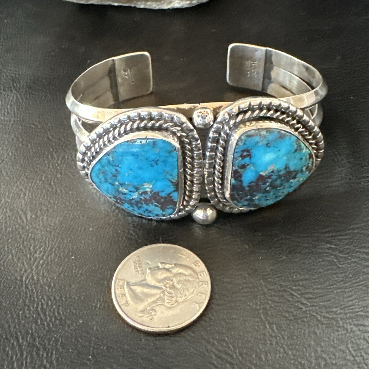 Navajo Blue TURQUOISE Stamped 2 Stone Sterling Silver Cuff Bracelet 8.25" 18717