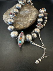 Multicolor Spiny Navajo Pearls Turquoise Necklace 23" | Sterling Silver | Authentic Native American Handmade | 19448