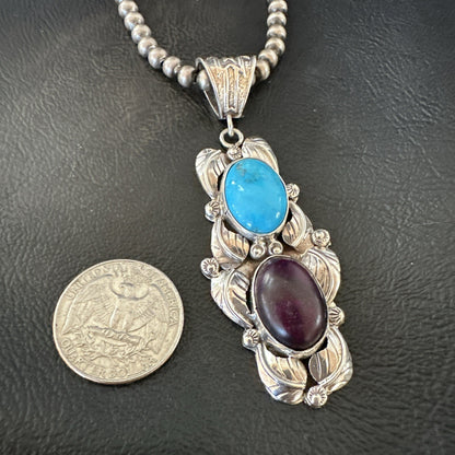 Blue Kingman Turquoise  Purple Stone Pendant Navajo Sterling Silver 18038