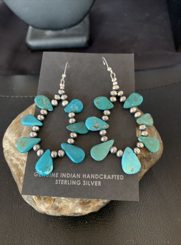 Blue Turquoise Bead Beads Cluster Earrings 2"13372N | Sterling Silver | Authentic Native American Handmade