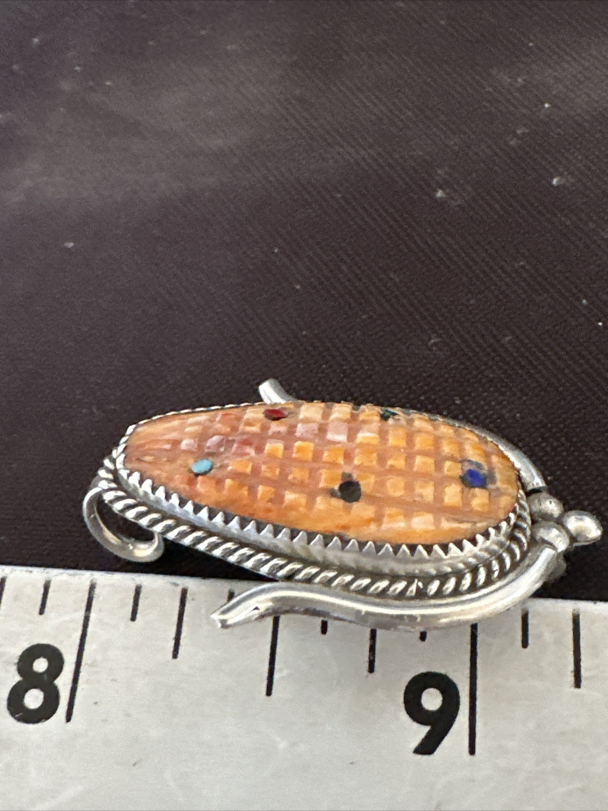 CORN INLAY Orange Spiny Turquoise Coral Zuni Sterling Silver Pin Pendant 17851