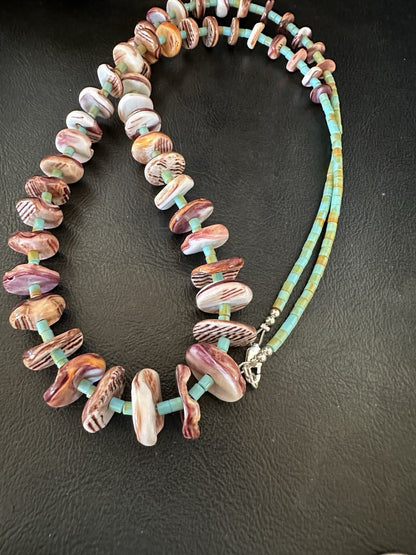 Purple Spiny Oyster Turquoise Navajo Pearls Sterling Silver Necklace 29” 19465