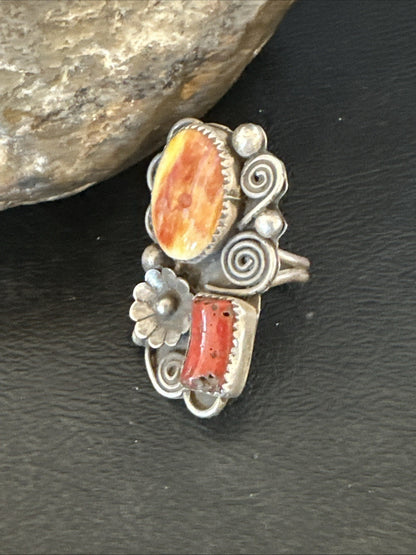 Old Pawn Spiny Oyster Coral Navajo Sterling Silver Cluster Ring Sz 6 19762