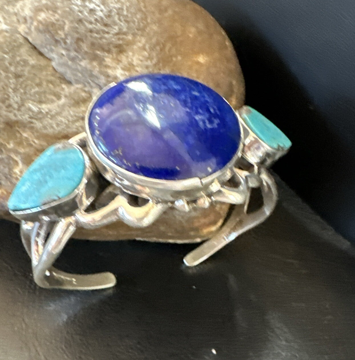 Kingman Turquoise Lapis Navajo Sterling Silver Tufa Cast Cuff Bracelet 17984