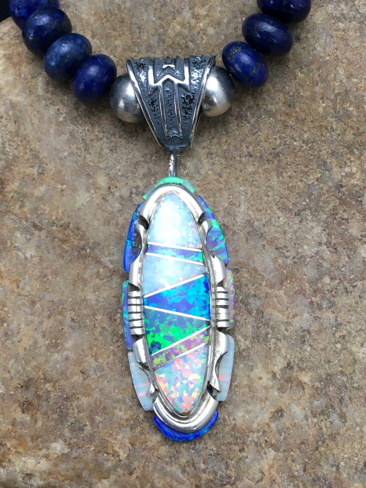 Opal Pendant Lapis Navajo Sterling Silver Necklace 02606