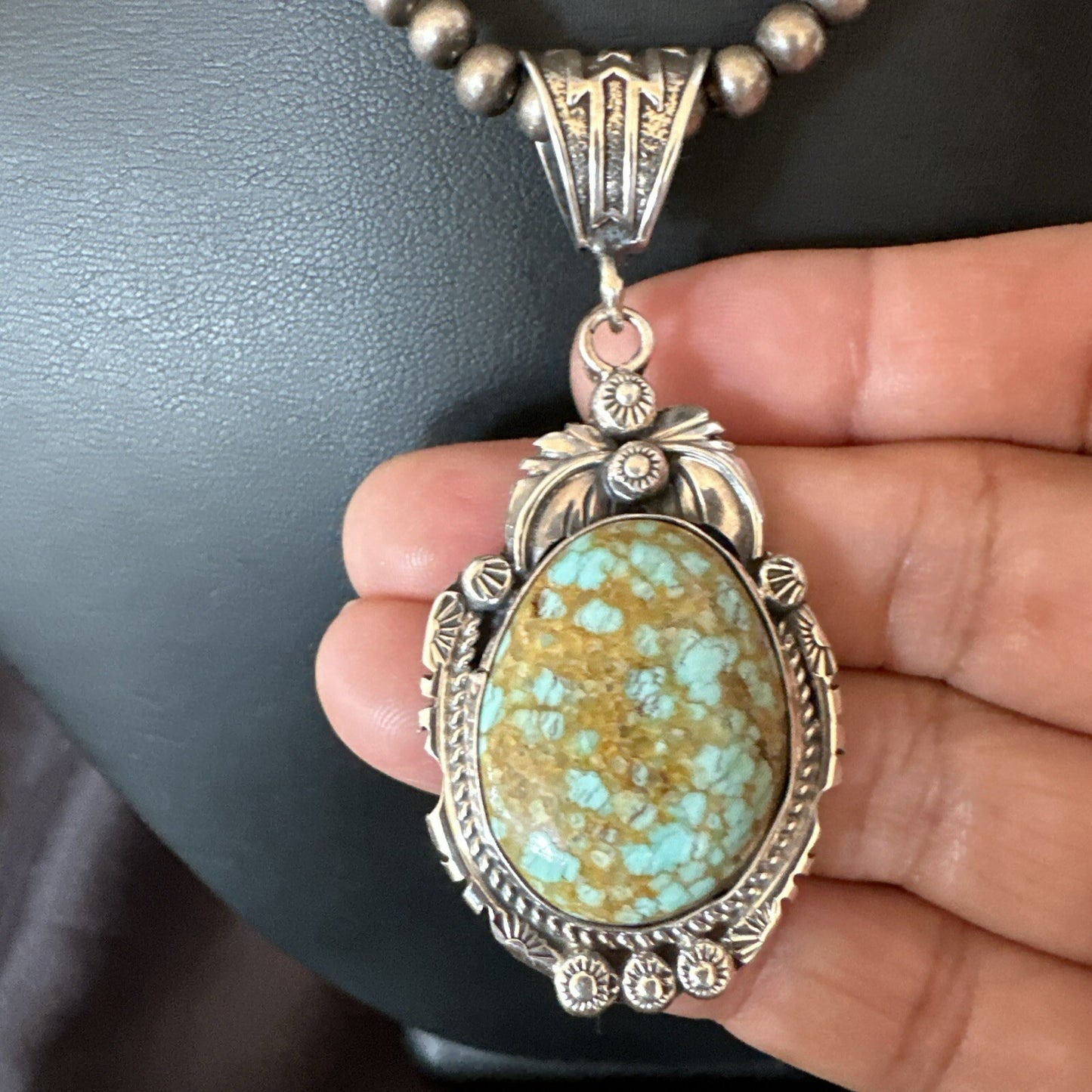 Mens Blue Turquoise#8 Pendant Navajo Sterling Silver Necklace 18078