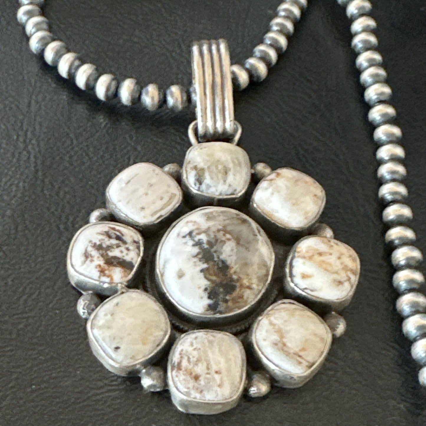 White Buffalo Turquoise Cluster Pendant Navajo Sterling Silver Necklace 19271