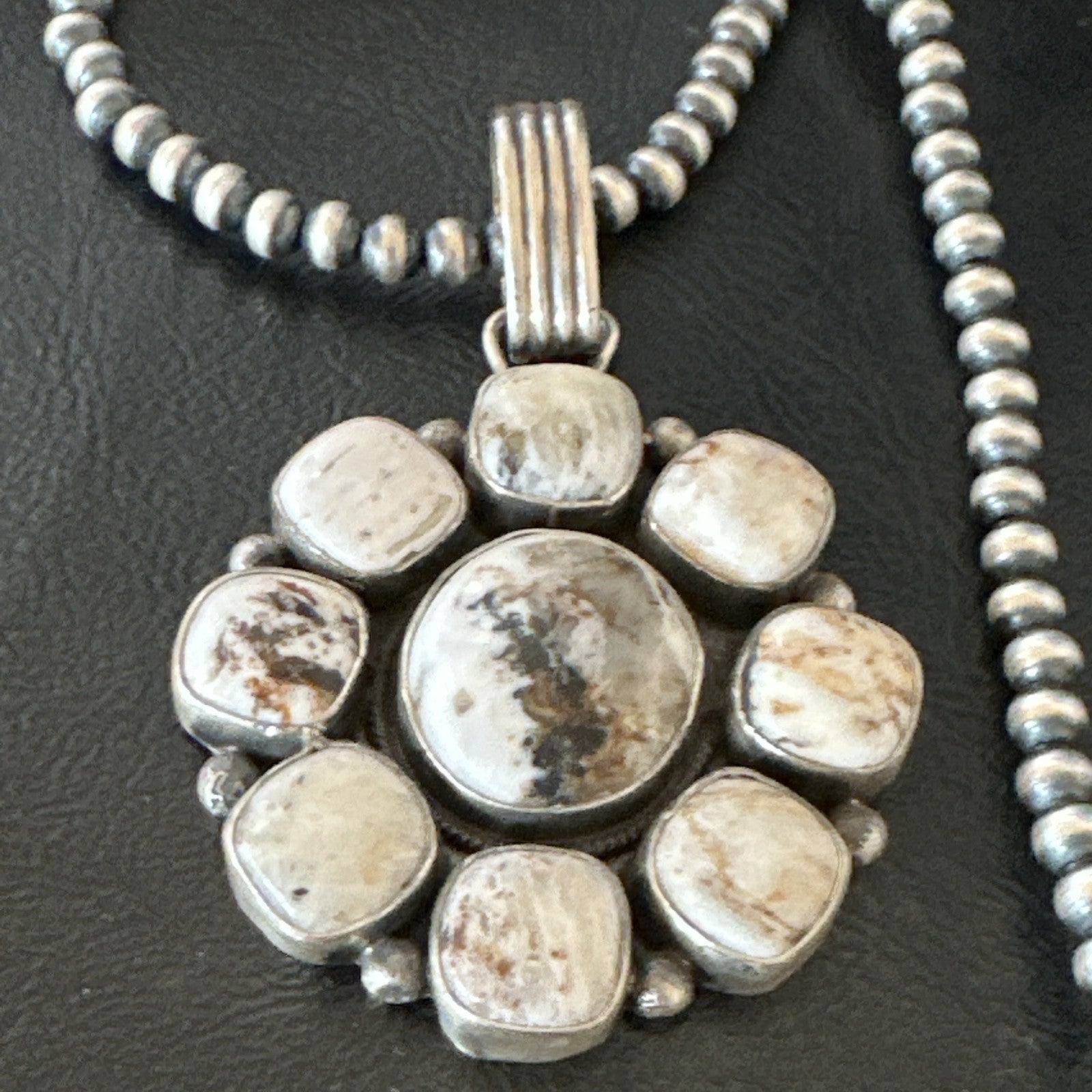 White Buffalo Turquoise Cluster Pendant Navajo Sterling Silver Necklace 19271