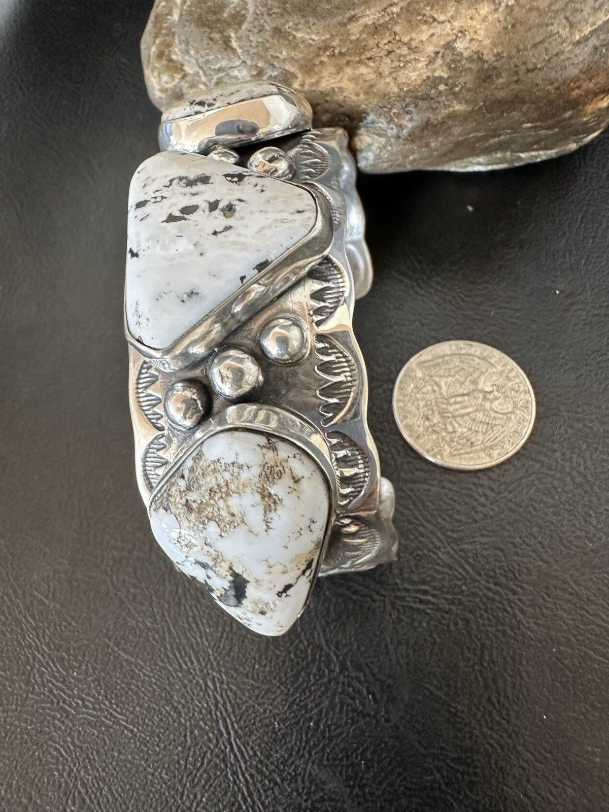 Mens White Buffalo Turquoise Navajo Sterling Silver Cuff Bracelet 7.75" 19427