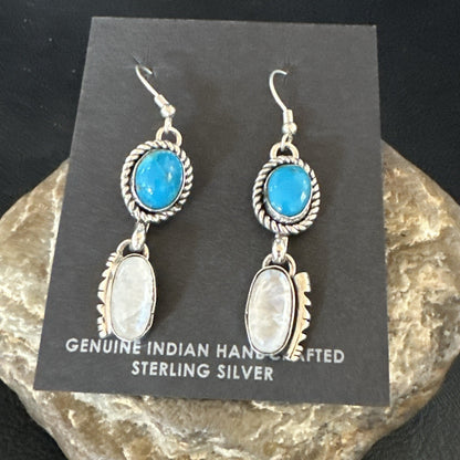 Navajo White MOP Blue Turquoise Sterling Silver Dangle Earrings 18185