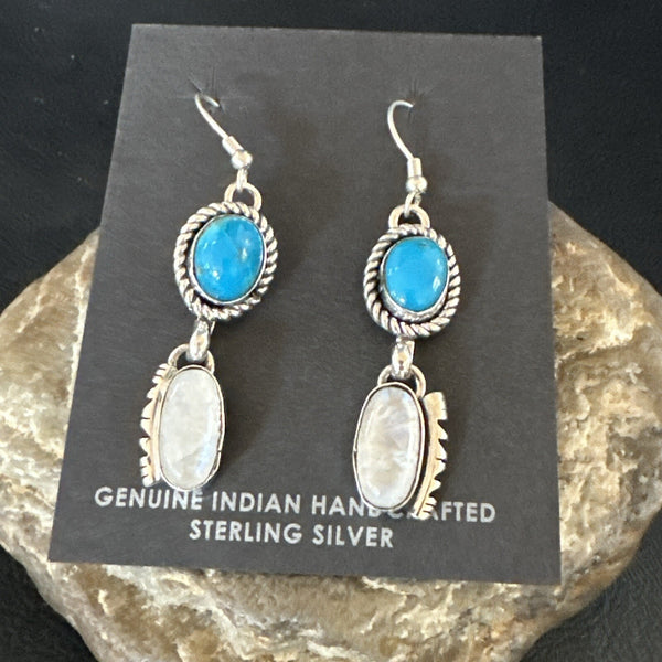 Navajo White MOP Blue Turquoise Dangle Earrings | Sterling Silver | Authentic Native American Handmade | 18185