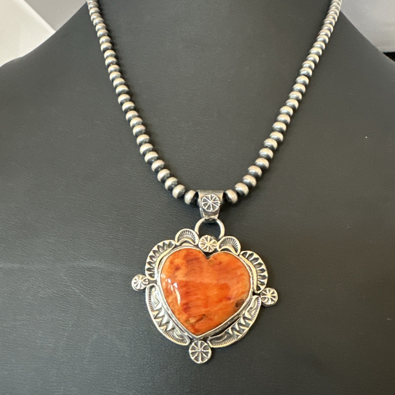 H Joe Orange Spiny Oyster Heart Pendant Navajo Sterling Silver Necklace 19482