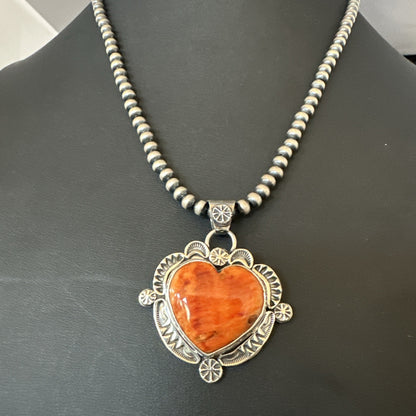 H Joe Orange Spiny Oyster Heart Pendant Navajo Sterling Silver Necklace 19482