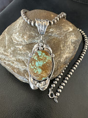 Men's Blue Turquoise#8 Pendant Navajo Necklace | Sterling Silver | Authentic Native American Handmade | 18080