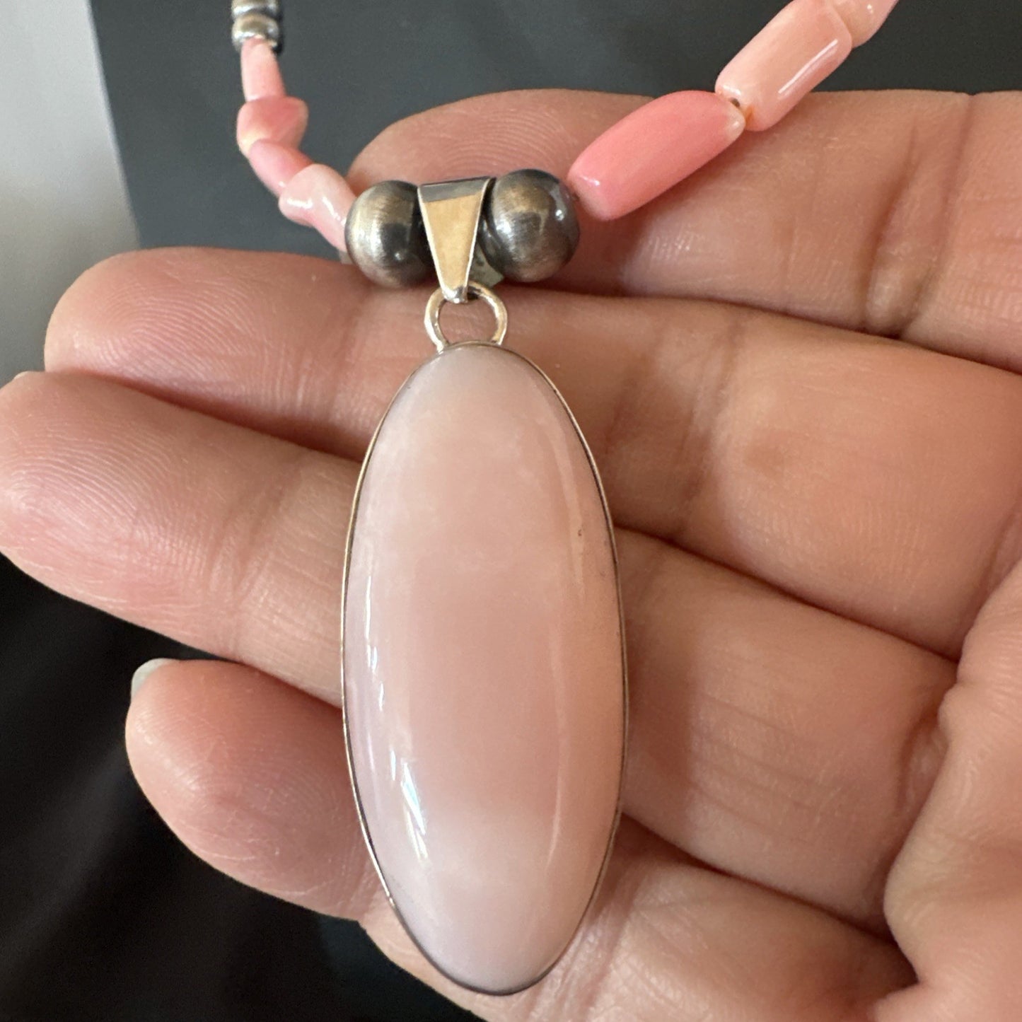 Southwestern Sterling Silver Pink Coral Bead Necklace Quartz Pendant 24" 19585