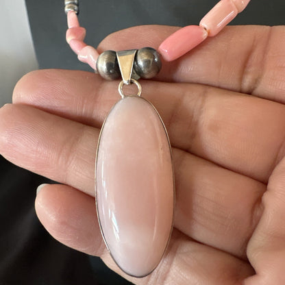 Southwestern Sterling Silver Pink Coral Bead Necklace Quartz Pendant 24" 19585