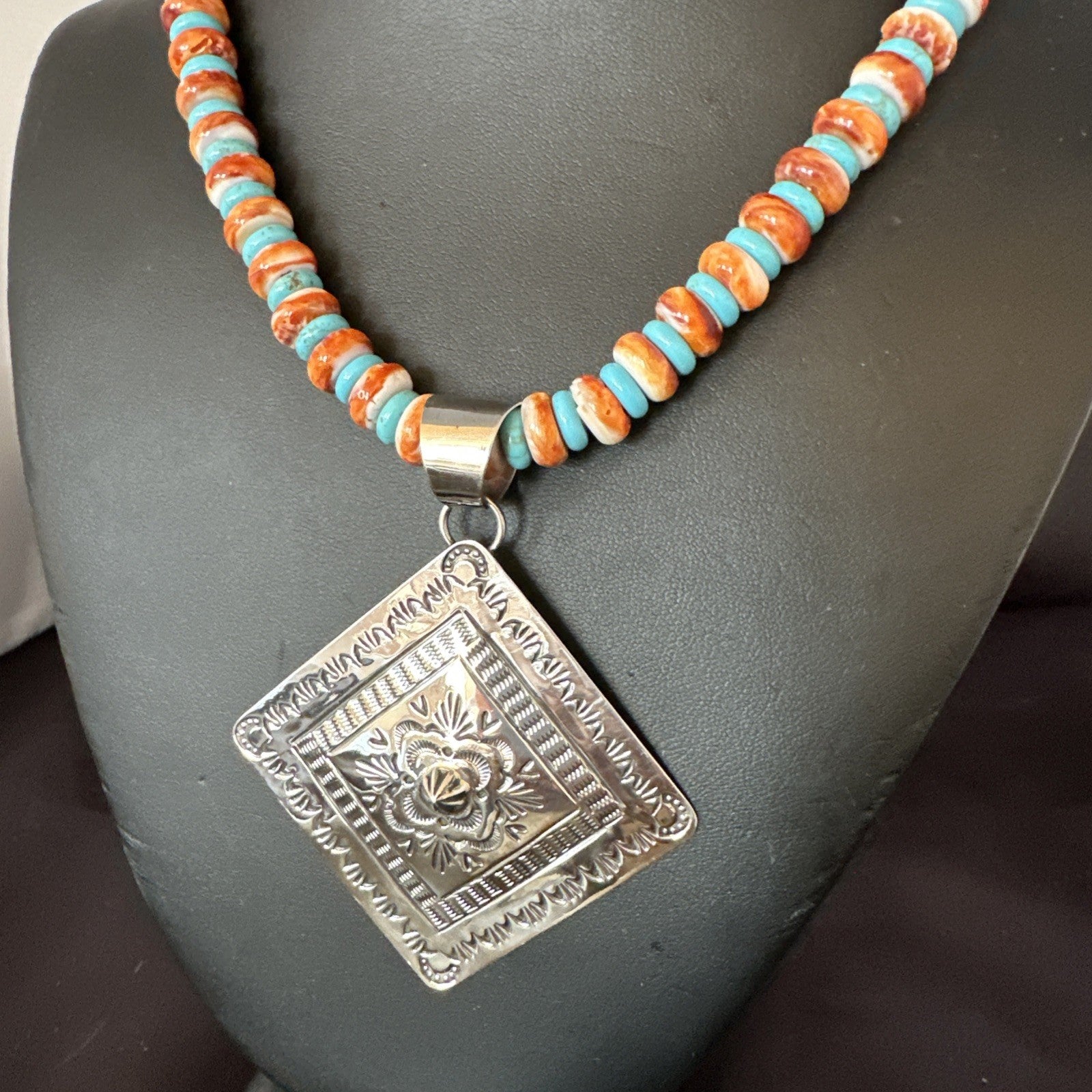 Orange Spiny Oyster Turquoise Navajo  Pendant Sterling Silver Necklace 21” 19044