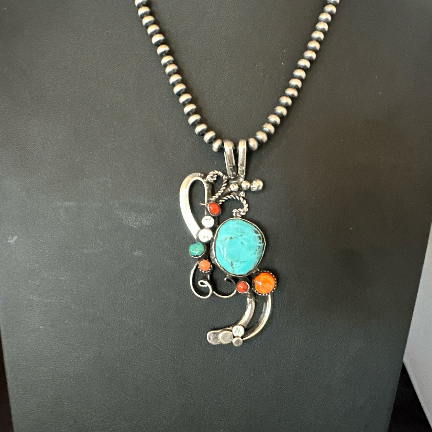 Multicolor Turquoise Spiny Navajo Sterling Silver Cluster Pendant Necklace 19683