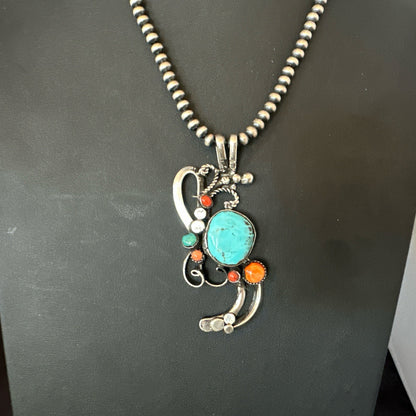 Multicolor Turquoise Spiny Navajo Sterling Silver Cluster Pendant Necklace 19683
