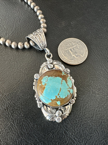Mens Blue Turquoise#8 Pendant Navajo Sterling Silver Necklace 18071