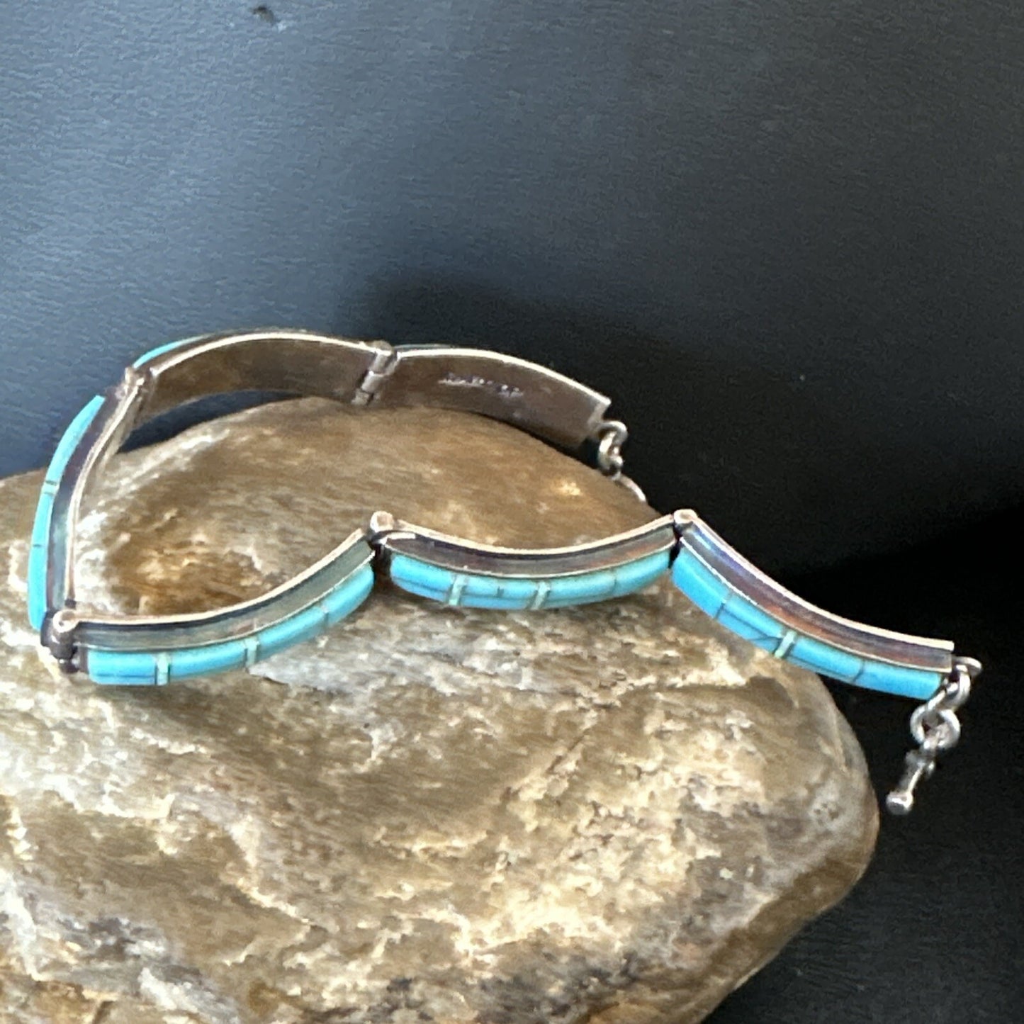 Opal Blue Turquoise Navajo Old Pawn Sterling Silver Inlay Bracelet 7.5" 18126